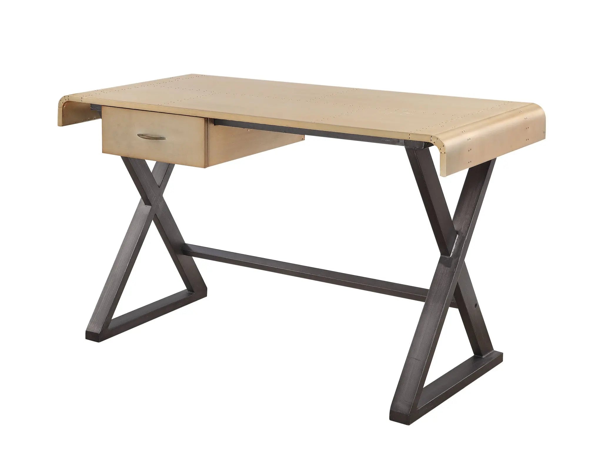 Industrial-style desk with a polished aluminum top, natural wood drawer, and a sleek black metal frame.