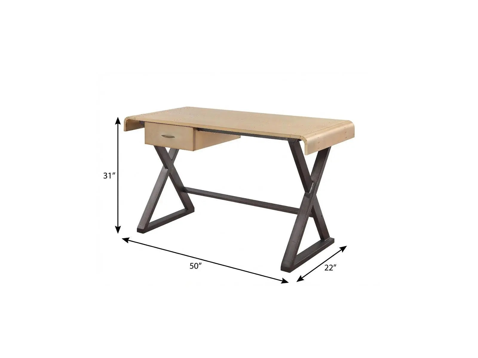 Modern beige writing desk with a metal frame, single drawer, and X-shaped legs, measuring 50" x 22" x 31".