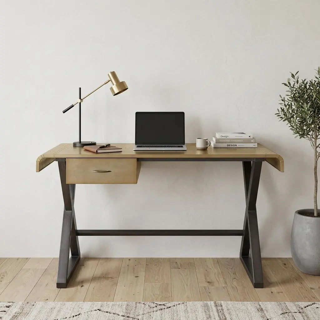 50" Gold and Black Aluminum Writing Desk Homeroots Office