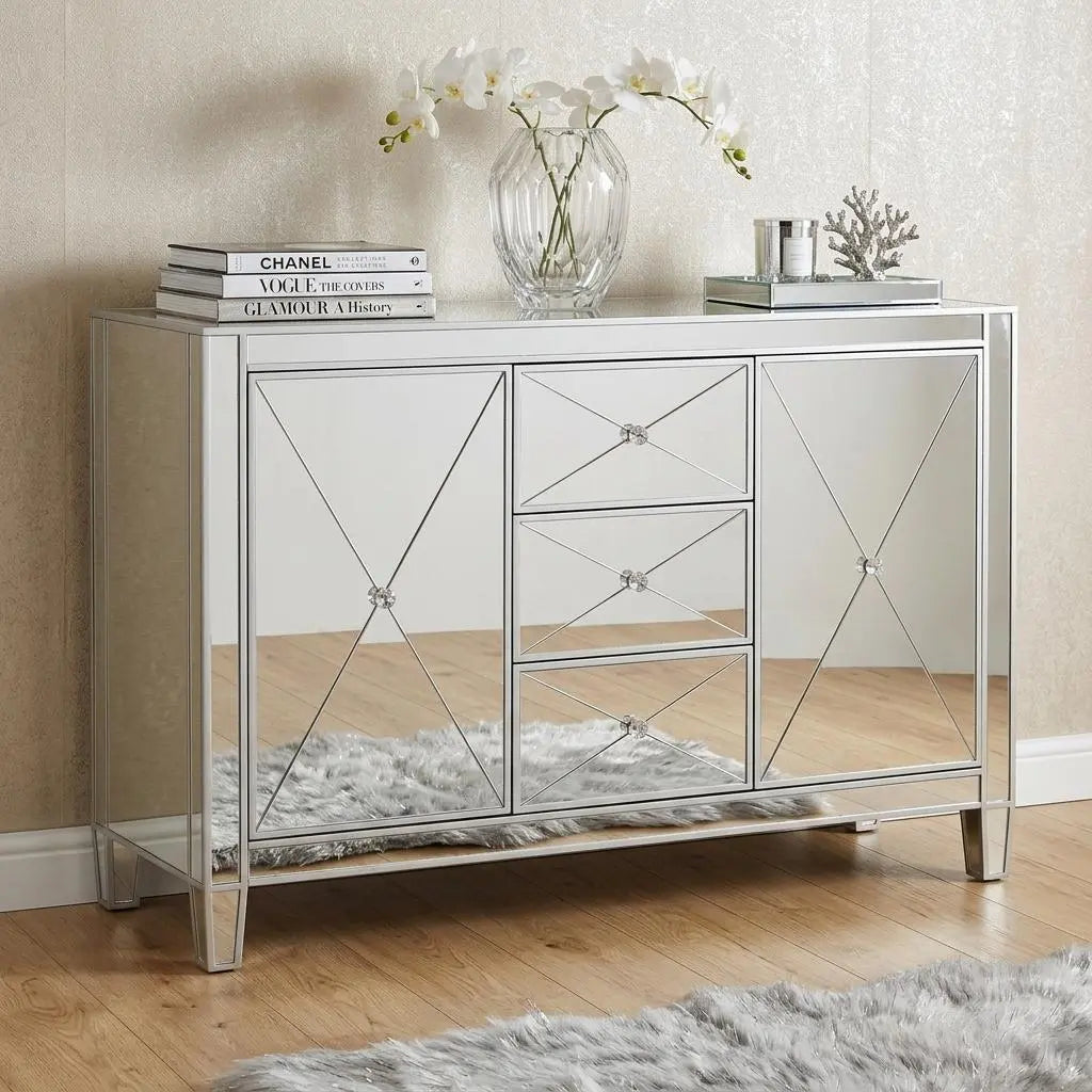 50" Silver Wood and Glass Three Drawer Credenza with Two Doors Homeroots Kitchen & Dining