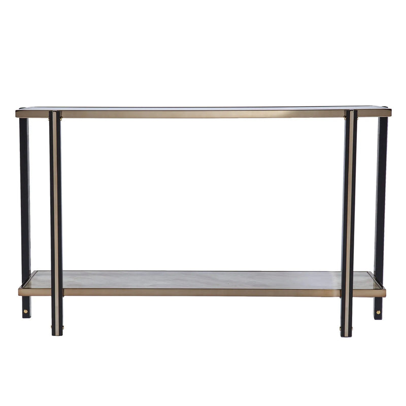 50" Smoky Black and Champagne Mirrored Glass Console Table With Shelf Homeroots Living Room