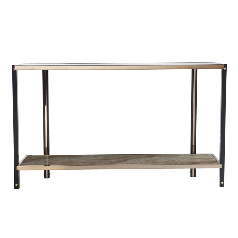50" Smoky Black and Champagne Mirrored Glass Console Table With Shelf Homeroots Living Room