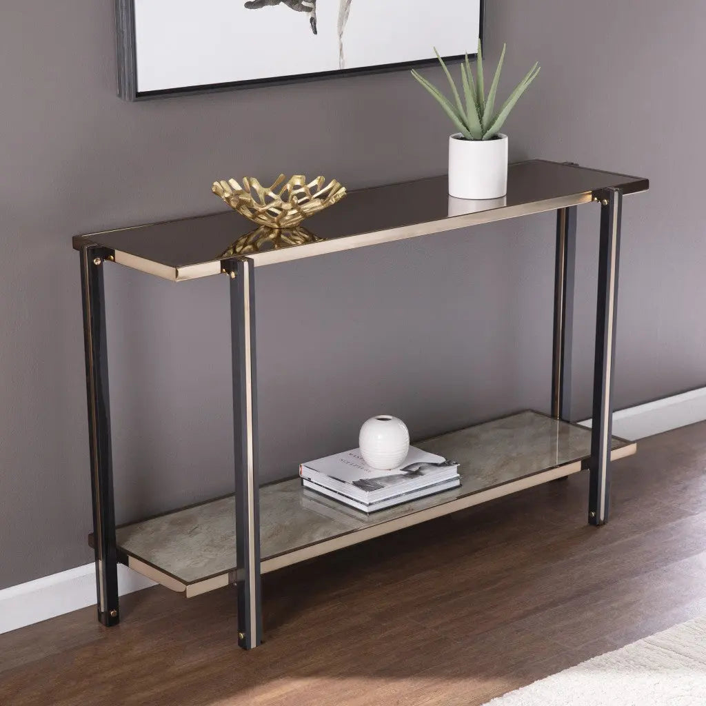 50" Smoky Black and Champagne Mirrored Glass Console Table With Shelf Homeroots Living Room