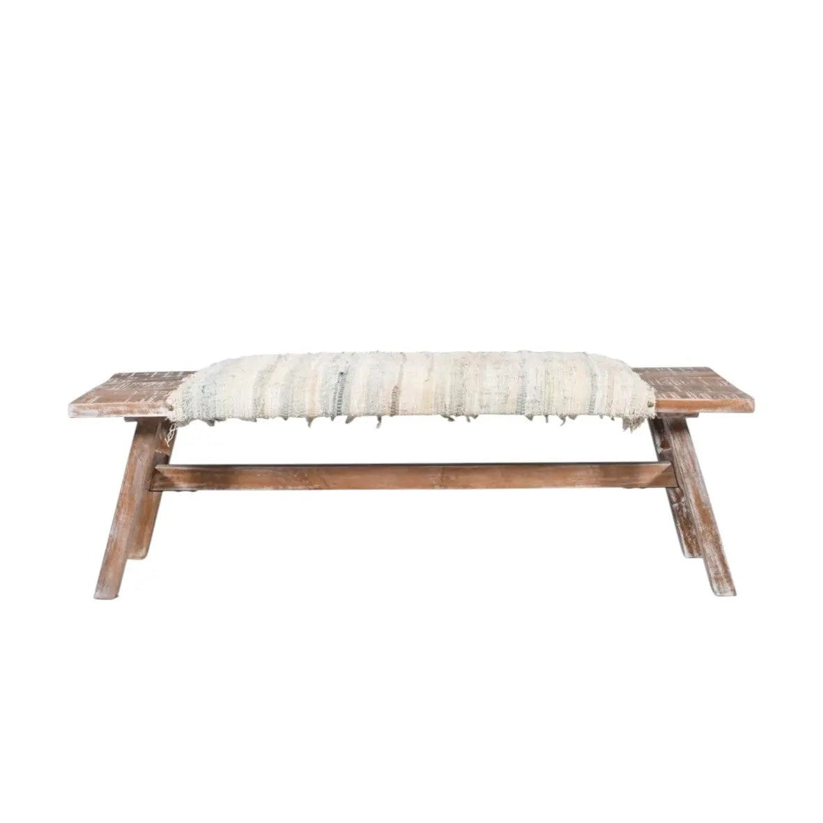 50" White and Brown Cotton Upholstered Striped Bench Homeroots Living Room