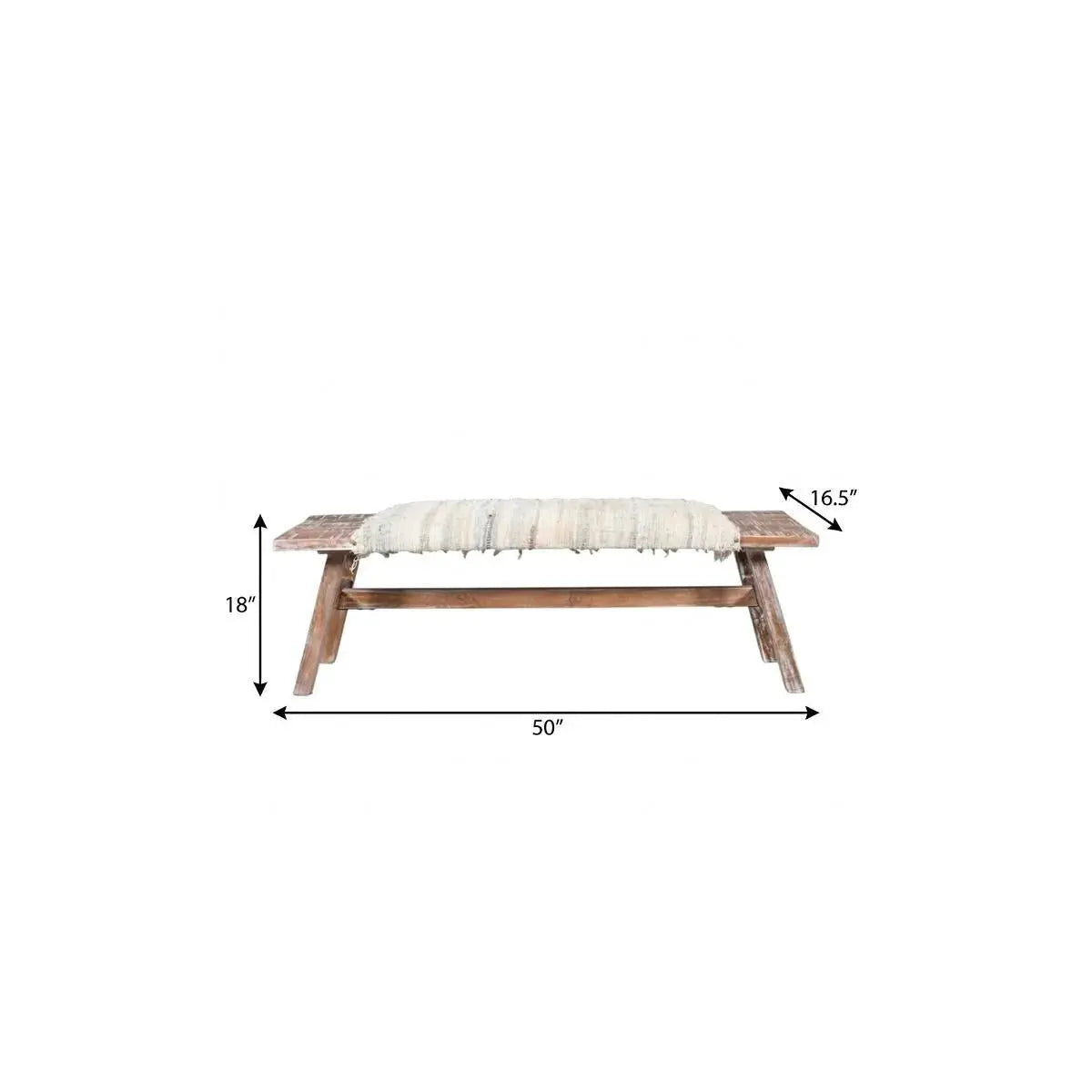50" White and Brown Cotton Upholstered Striped Bench Homeroots Living Room