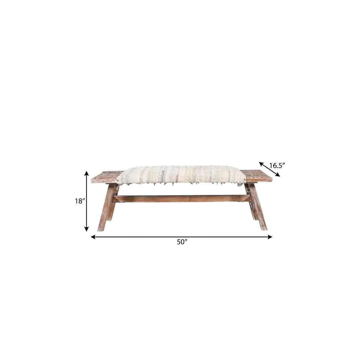 50" White and Brown Cotton Upholstered Striped Bench Homeroots Living Room