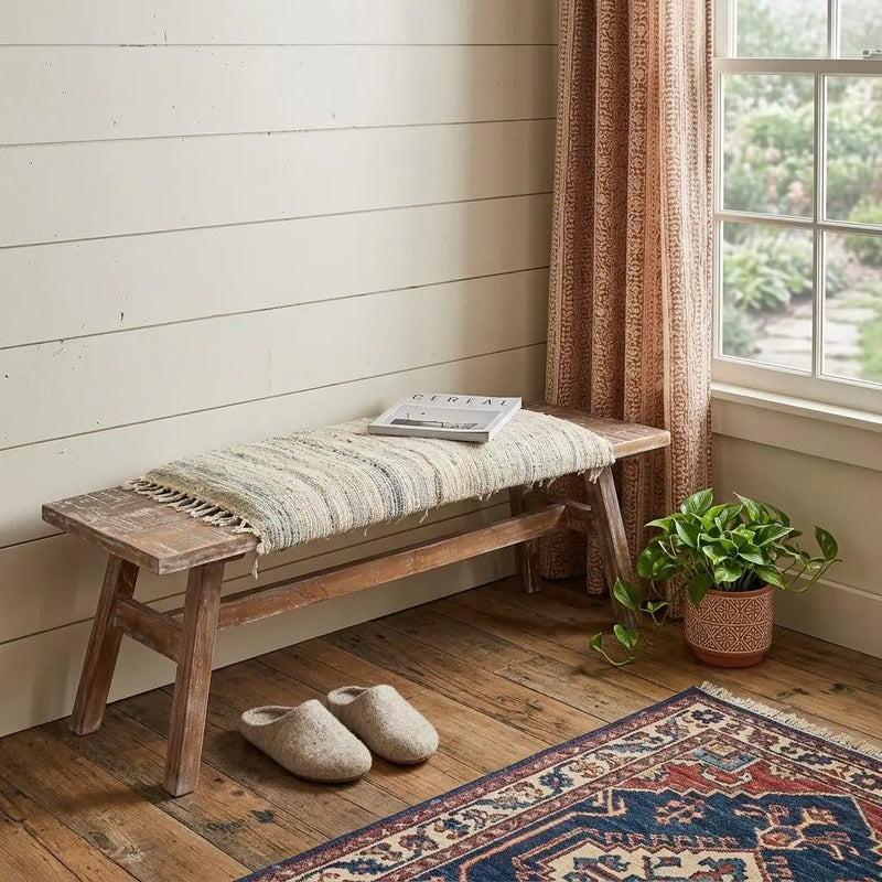 50" White and Brown Cotton Upholstered Striped Bench Homeroots Living Room