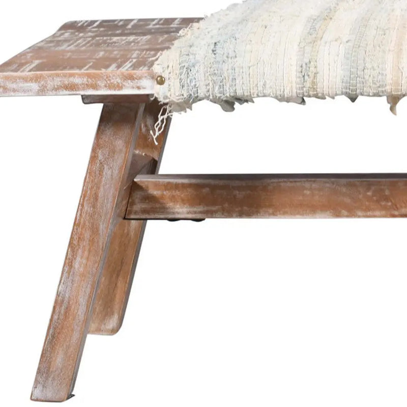 50" White and Brown Cotton Upholstered Striped Bench Homeroots Living Room