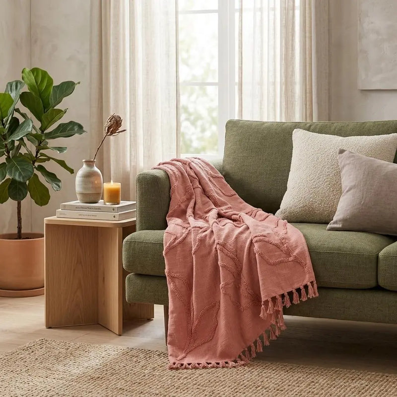 50" X 50" Coral Cotton Woven Floral Throw Blanket Homeroots Home Decor
