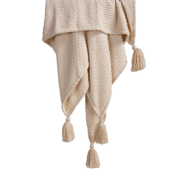 50" X 60" Cream Basketweave Throw Blanket with Tassels Homeroots Home Decor