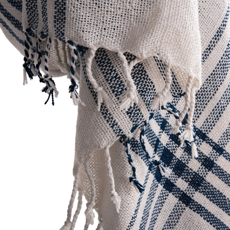 50" X 60" Ivory And Navy Blue Plaid Throw Blanket with Fringe Homeroots Home Decor