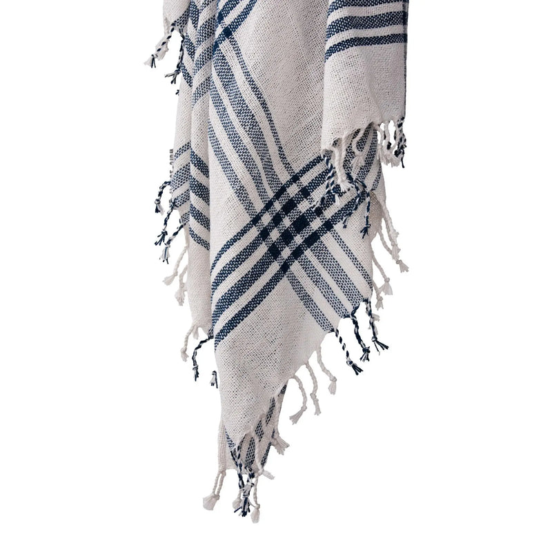 50" X 60" Ivory And Navy Blue Plaid Throw Blanket with Fringe Homeroots Home Decor