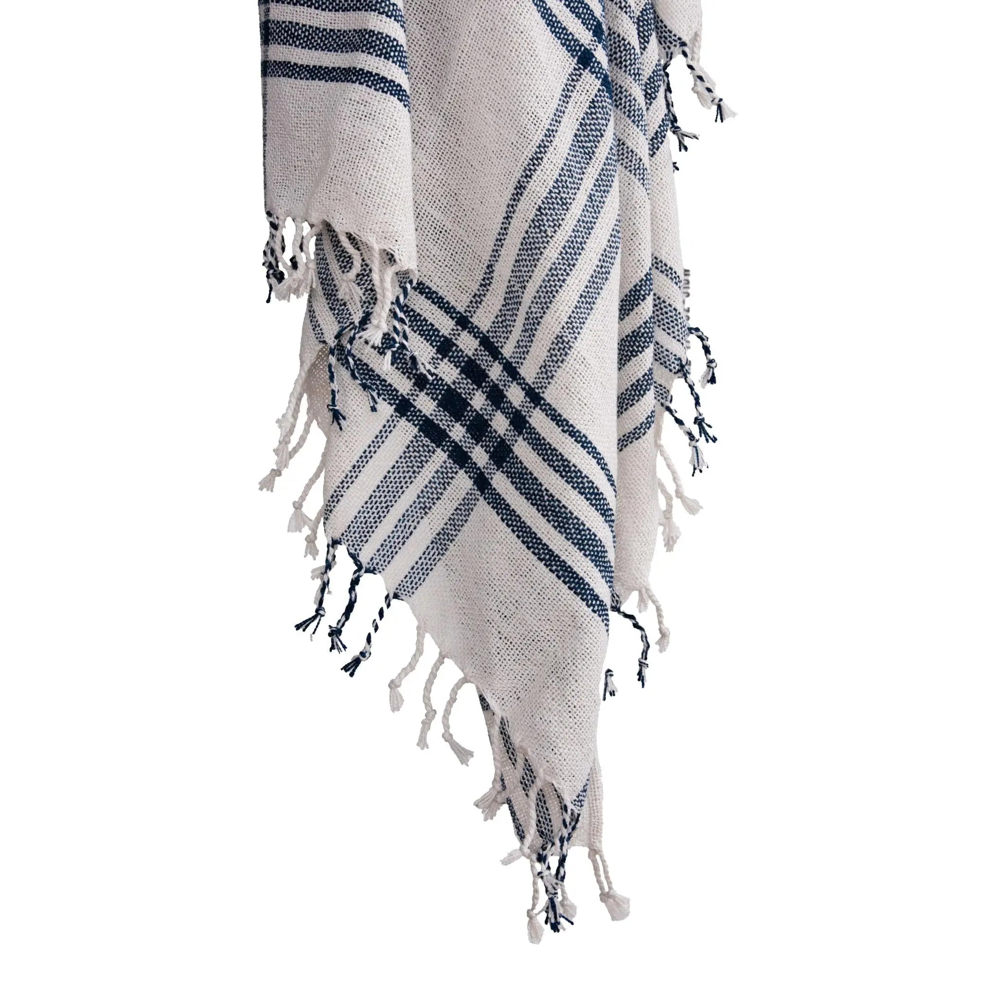 50" X 60" Ivory And Navy Blue Plaid Throw Blanket with Fringe Homeroots Home Decor