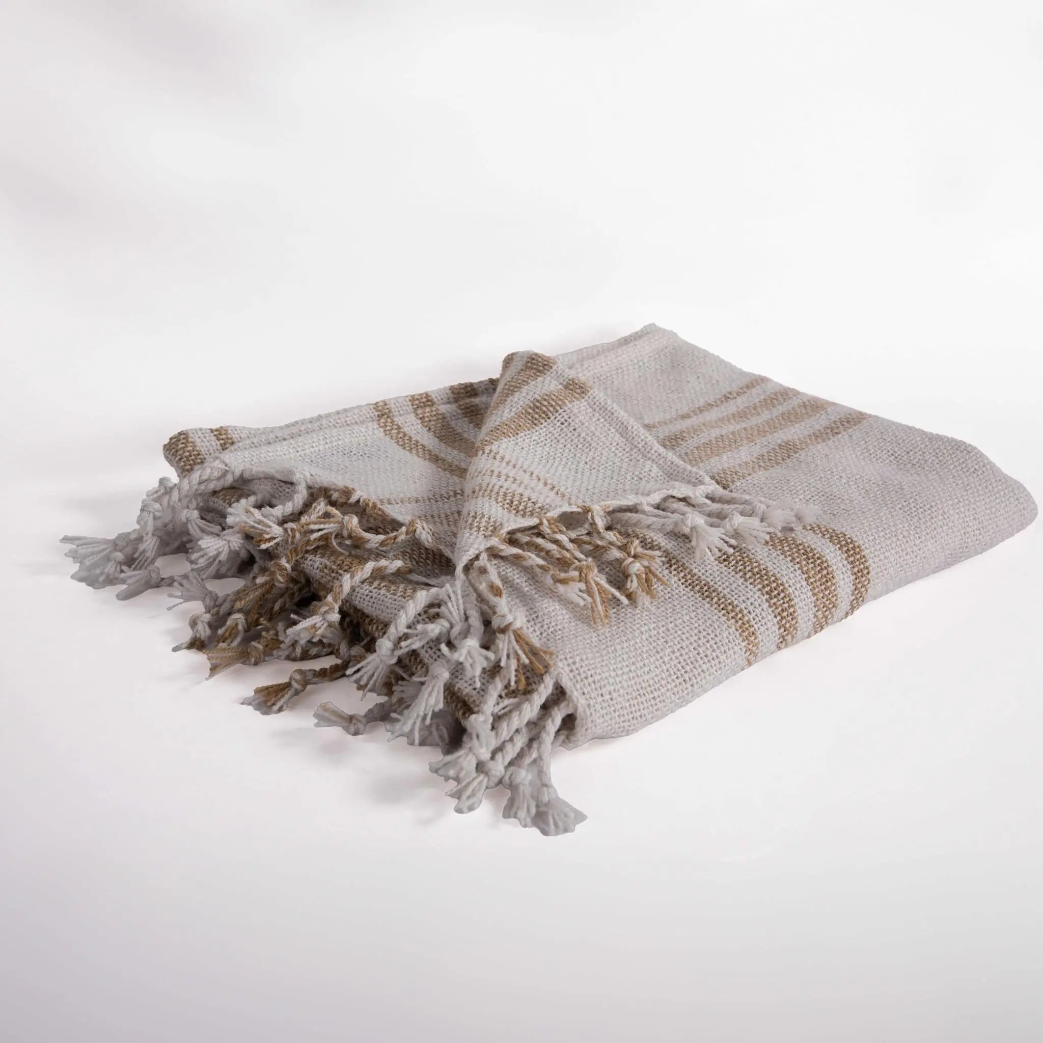 50" X 60" Ivory And Tan Plaid Throw Blanket with Fringe Homeroots Home Decor
