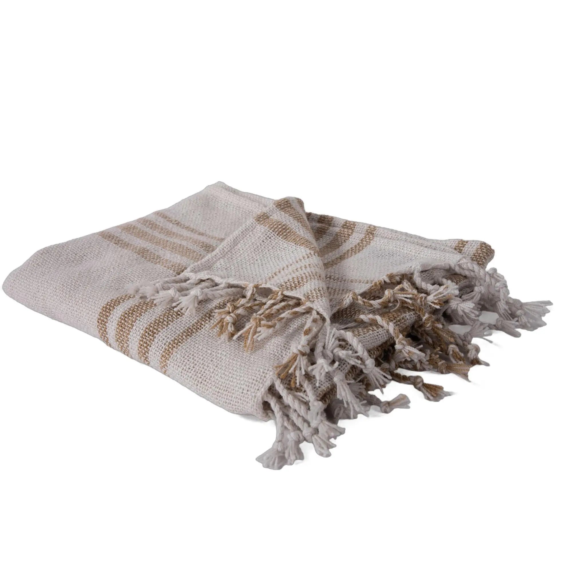 50" X 60" Ivory And Tan Plaid Throw Blanket with Fringe Homeroots Home Decor