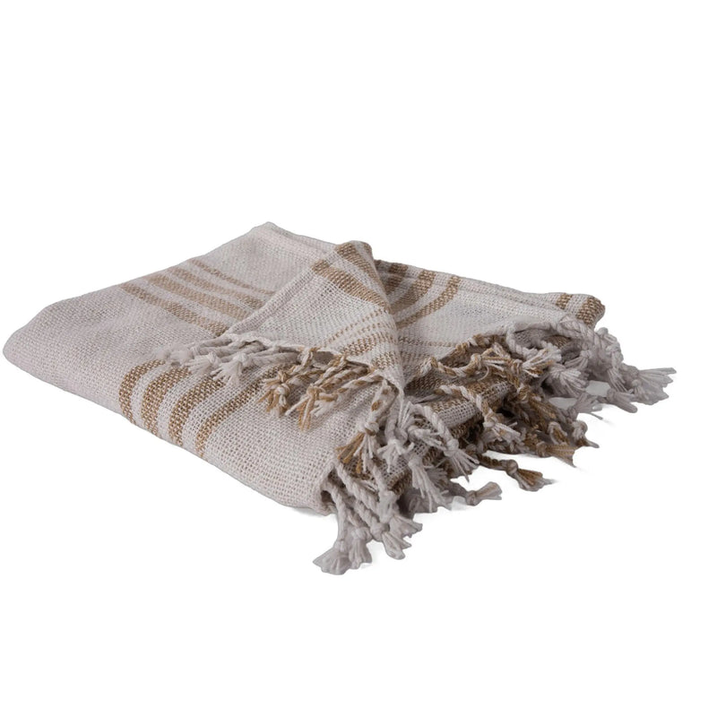 50" X 60" Ivory And Tan Plaid Throw Blanket with Fringe Homeroots Home Decor