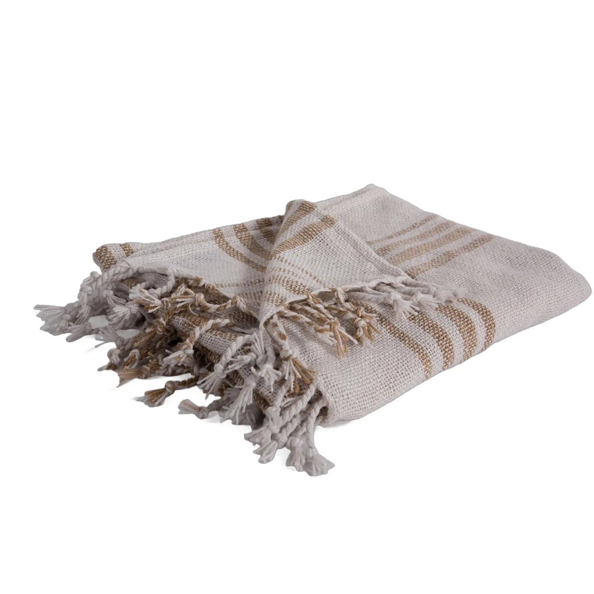 50" X 60" Ivory And Tan Plaid Throw Blanket with Fringe Homeroots Home Decor