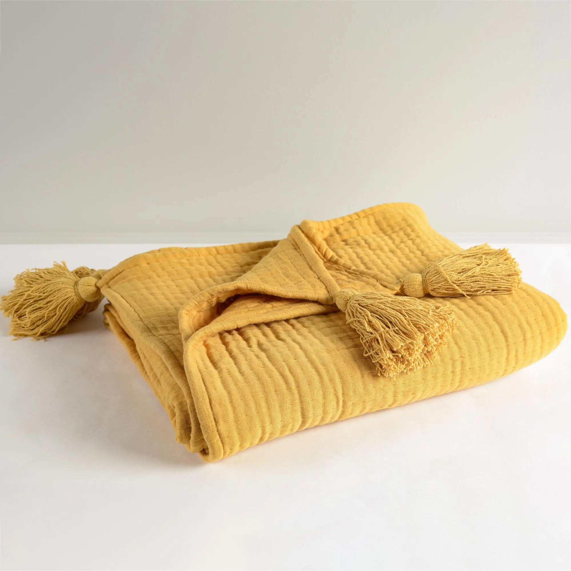 50" X 60" Mustard Cotton Throw Blanket with Tassels Homeroots Home Decor