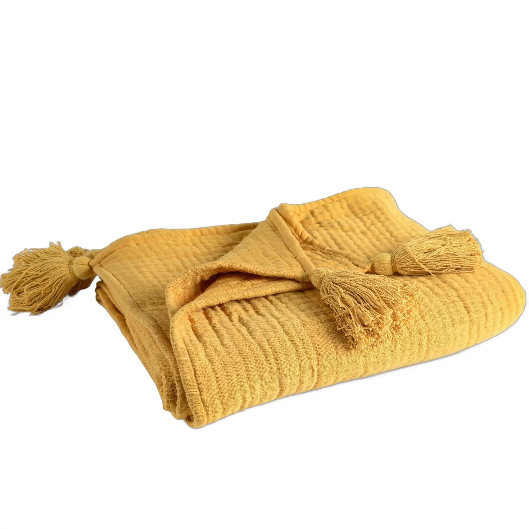 50" X 60" Mustard Cotton Throw Blanket with Tassels Homeroots Home Decor