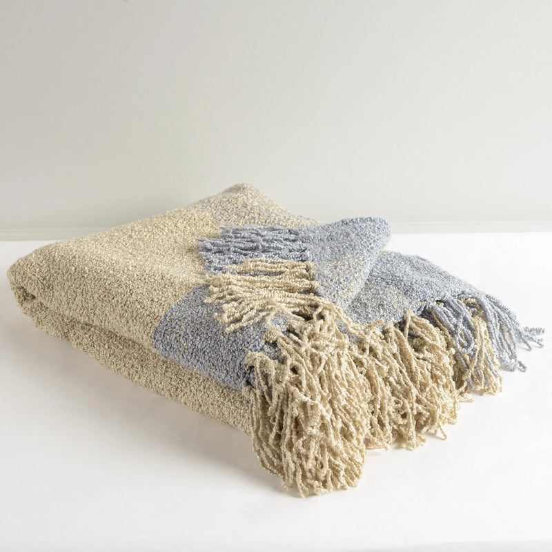 50" X 60" Natural Beige Slate Blue And Slate Gray Color Block Throw Blanket with Fringe Homeroots Home Decor