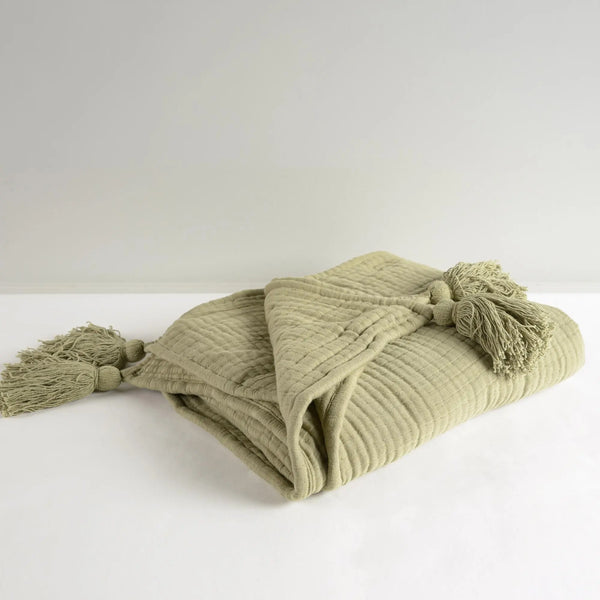 50" X 60" Sage Cotton Throw Blanket with Tassels Homeroots Home Decor
