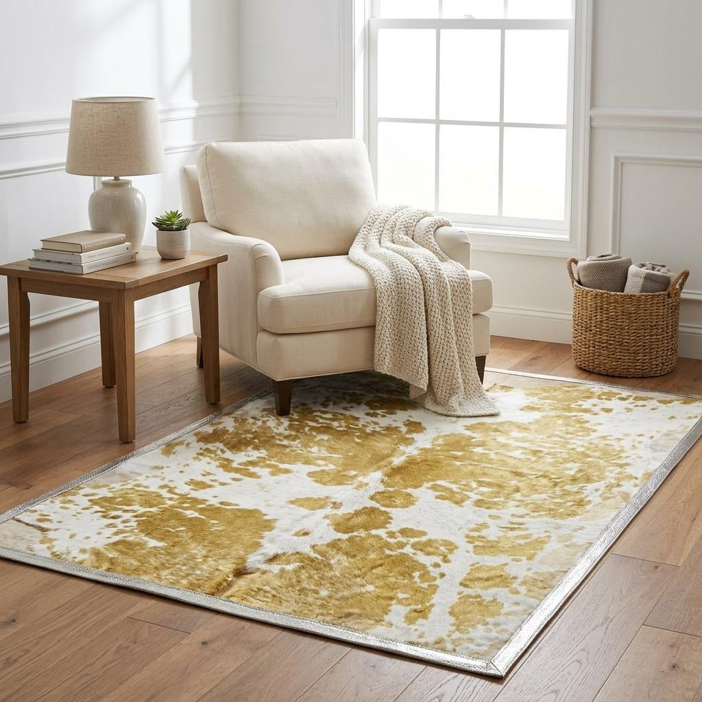 5' X 8' Gold And Ivory Geometric Shag Washable Area Rug With UV Protection - Home & Garden