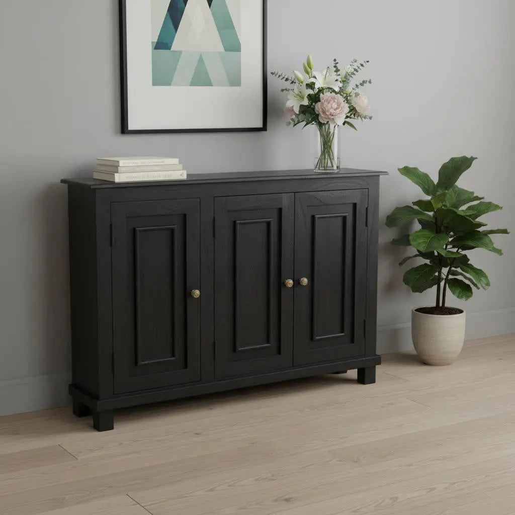 51" Black Distressed Solid Wood Sideboard with Three Doors Homeroots Kitchen & Dining