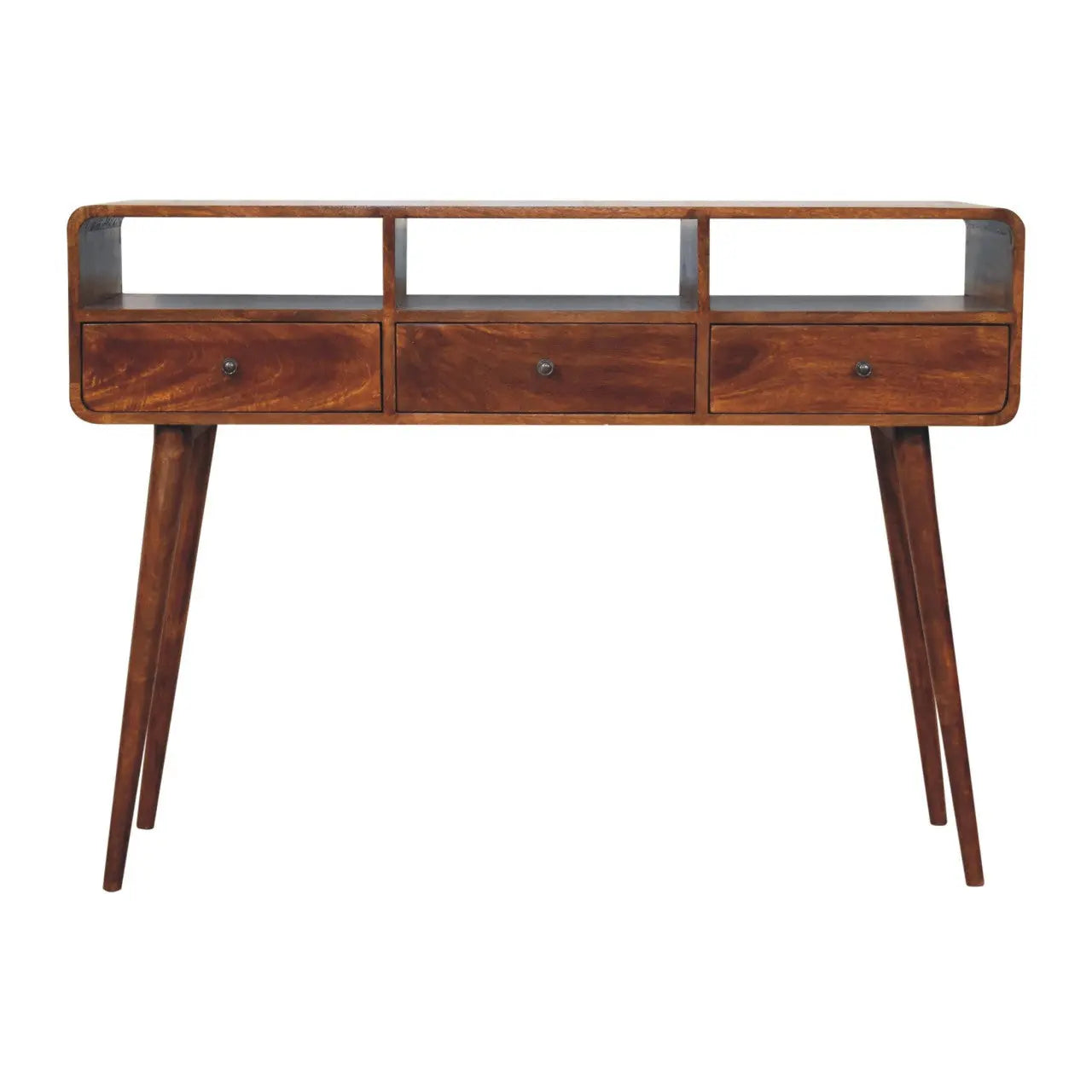 51" Chestnut Solid Wood Console Table With Three Shelves And Three Drawers Homeroots Living Room