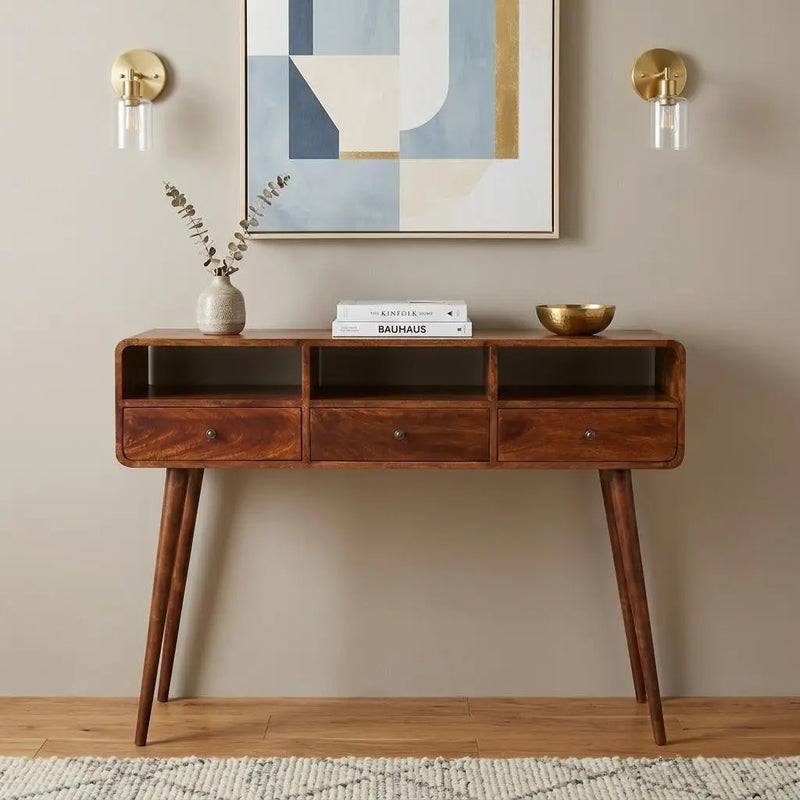 51" Chestnut Solid Wood Console Table With Three Shelves And Three Drawers Homeroots Living Room