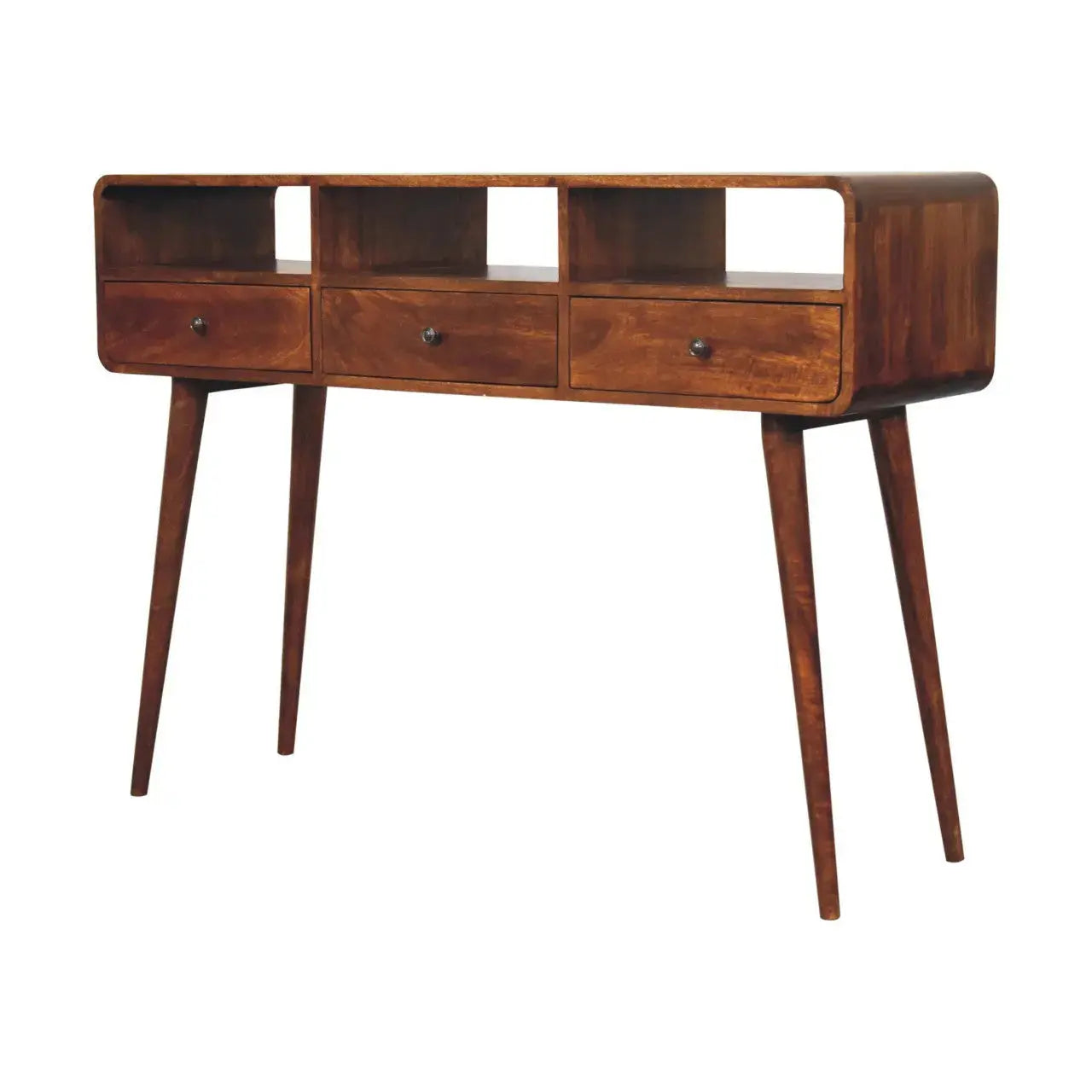 51" Chestnut Solid Wood Console Table With Three Shelves And Three Drawers Homeroots Living Room