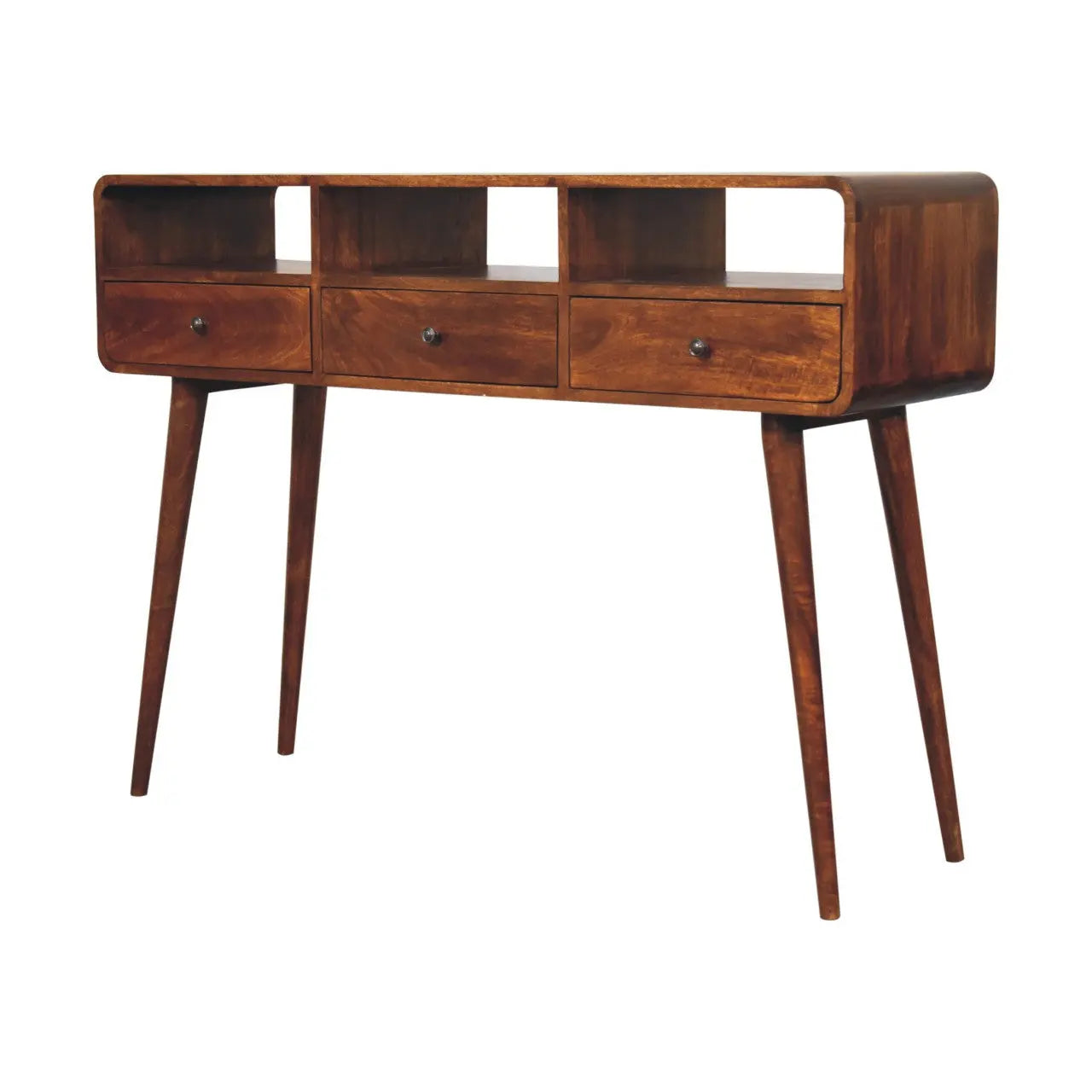 51" Chestnut Solid Wood Console Table With Three Shelves And Three Drawers Homeroots Living Room