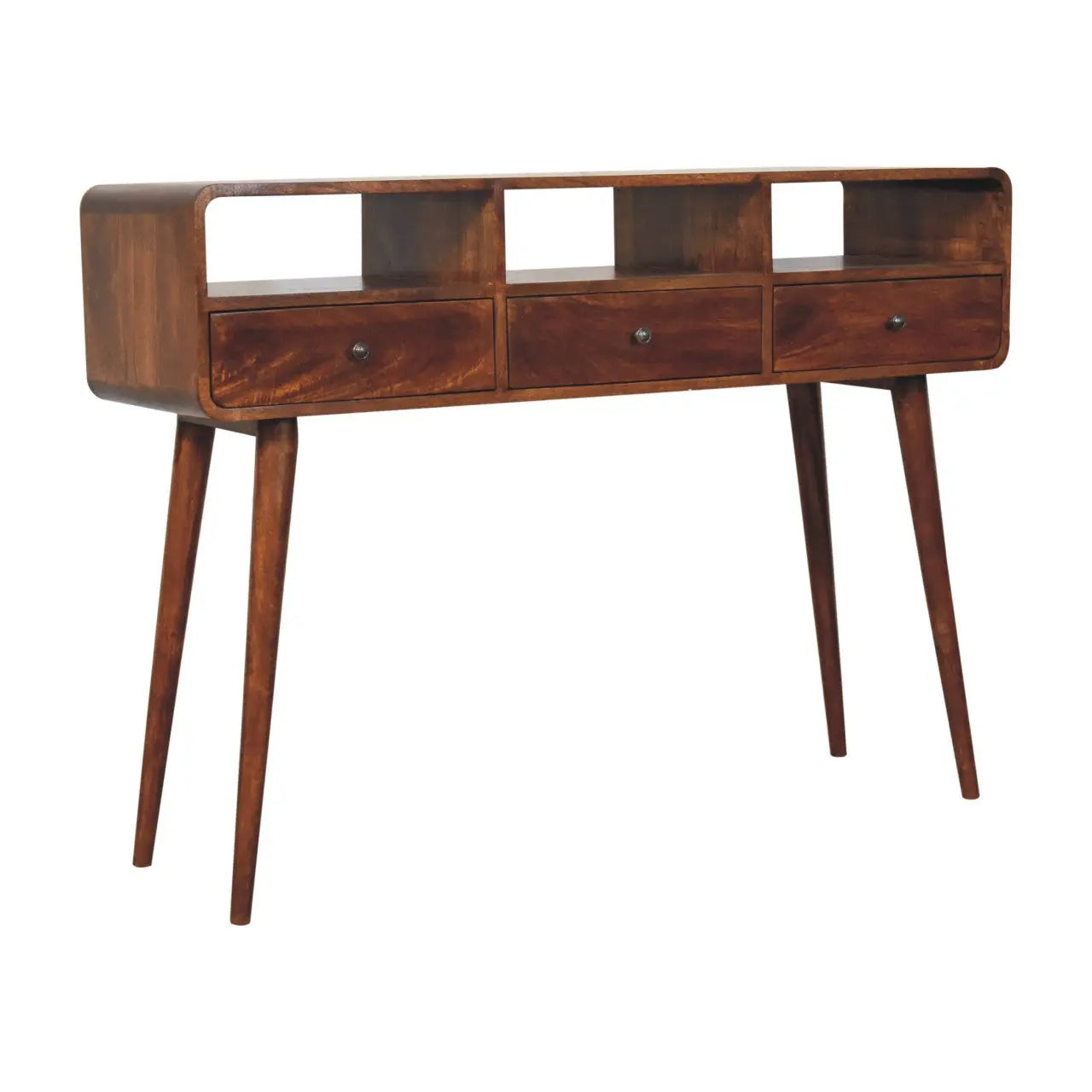 51" Chestnut Solid Wood Console Table With Three Shelves And Three Drawers Homeroots Living Room