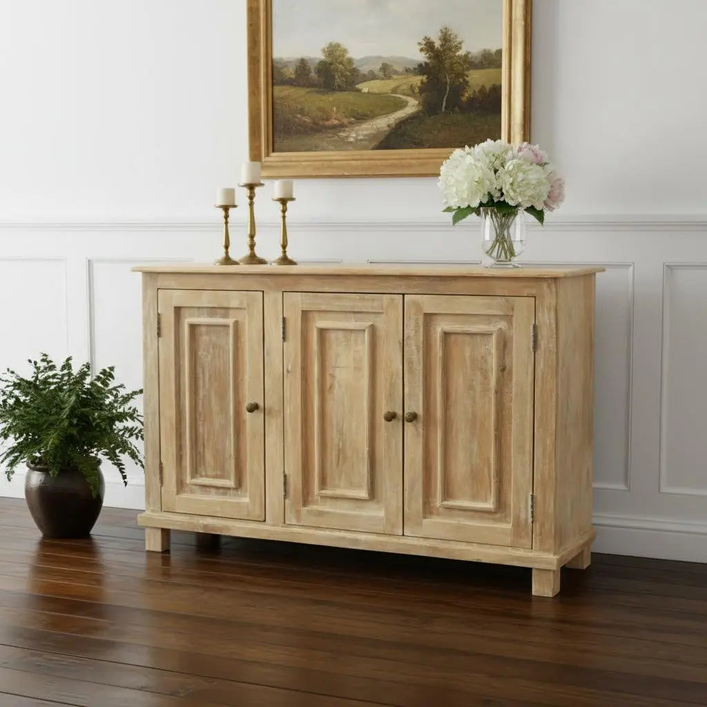 51" Natural Distressed Solid Wood Sideboard with Three Doors Homeroots Kitchen & Dining