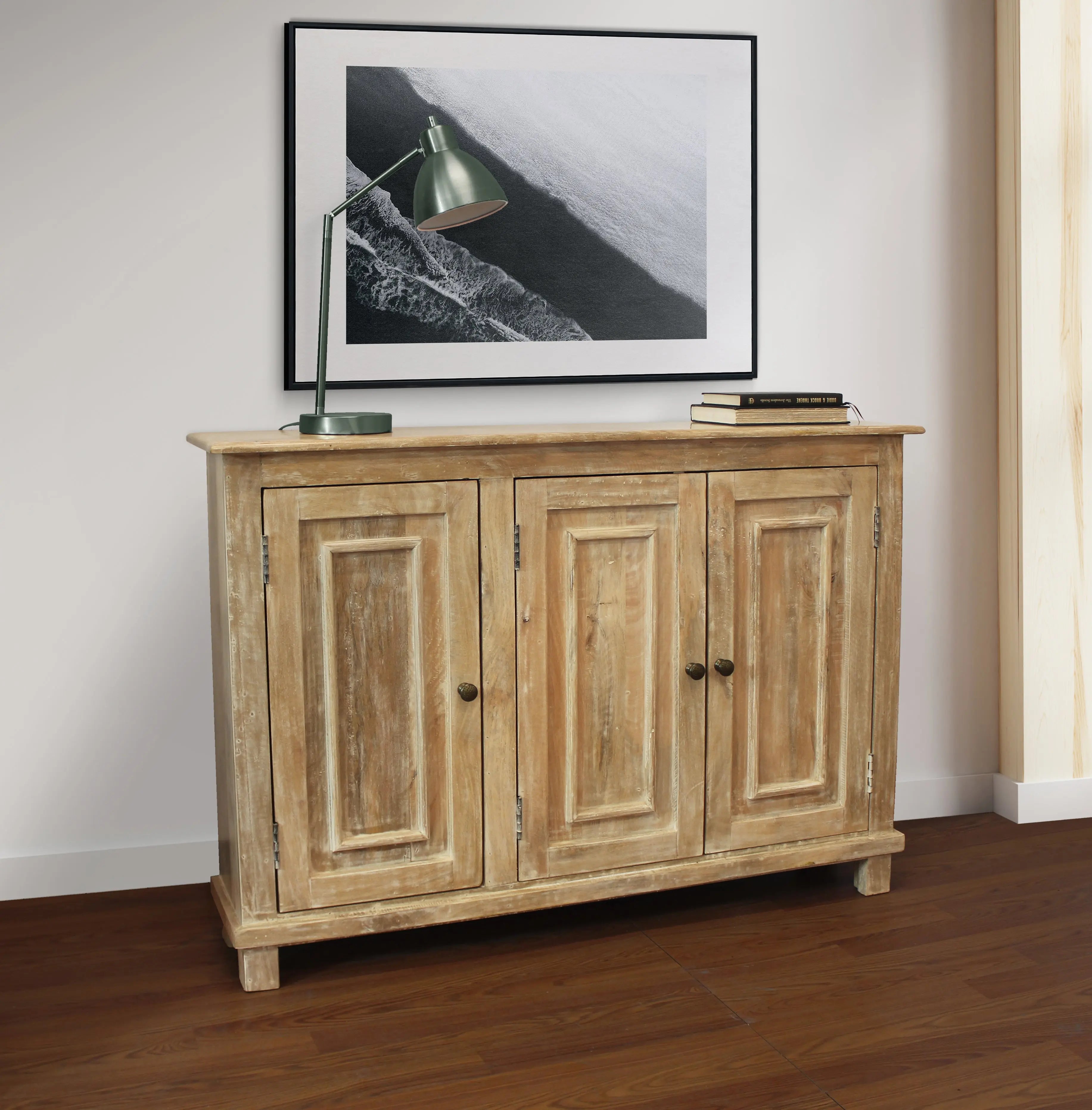 51" Natural Distressed Solid Wood Sideboard with Three Doors Homeroots Kitchen & Dining