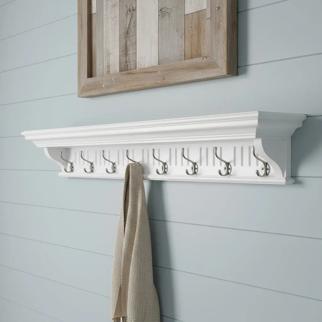 51" White Solid Wood Eight Hook Wall Mount Coat Rack - GreatEagleInc