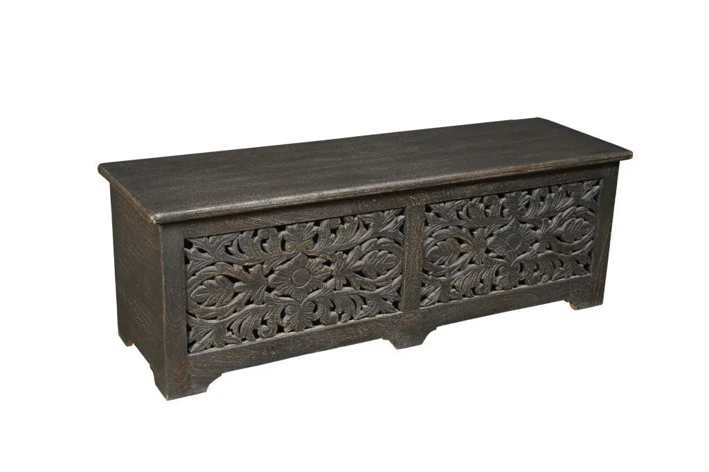 52" Black Distressed Solid Wood Carved Floral Storage Ottoman Homeroots Living Room