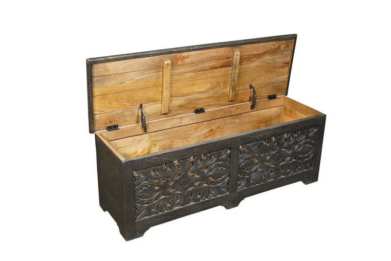 52" Black Distressed Solid Wood Carved Floral Storage Ottoman Homeroots Living Room