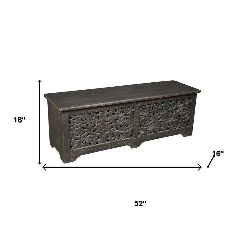 52" Black Distressed Solid Wood Carved Floral Storage Ottoman Homeroots Living Room