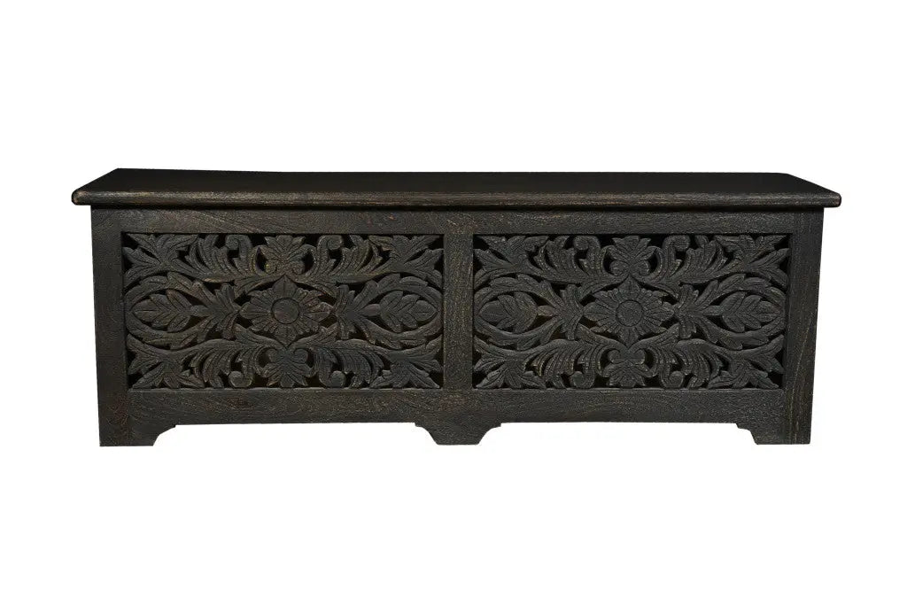 52" Black Distressed Solid Wood Carved Floral Storage Ottoman Homeroots Living Room
