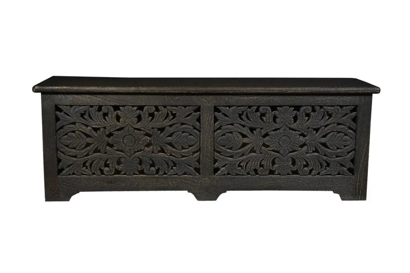 52" Black Distressed Solid Wood Carved Floral Storage Ottoman Homeroots Living Room