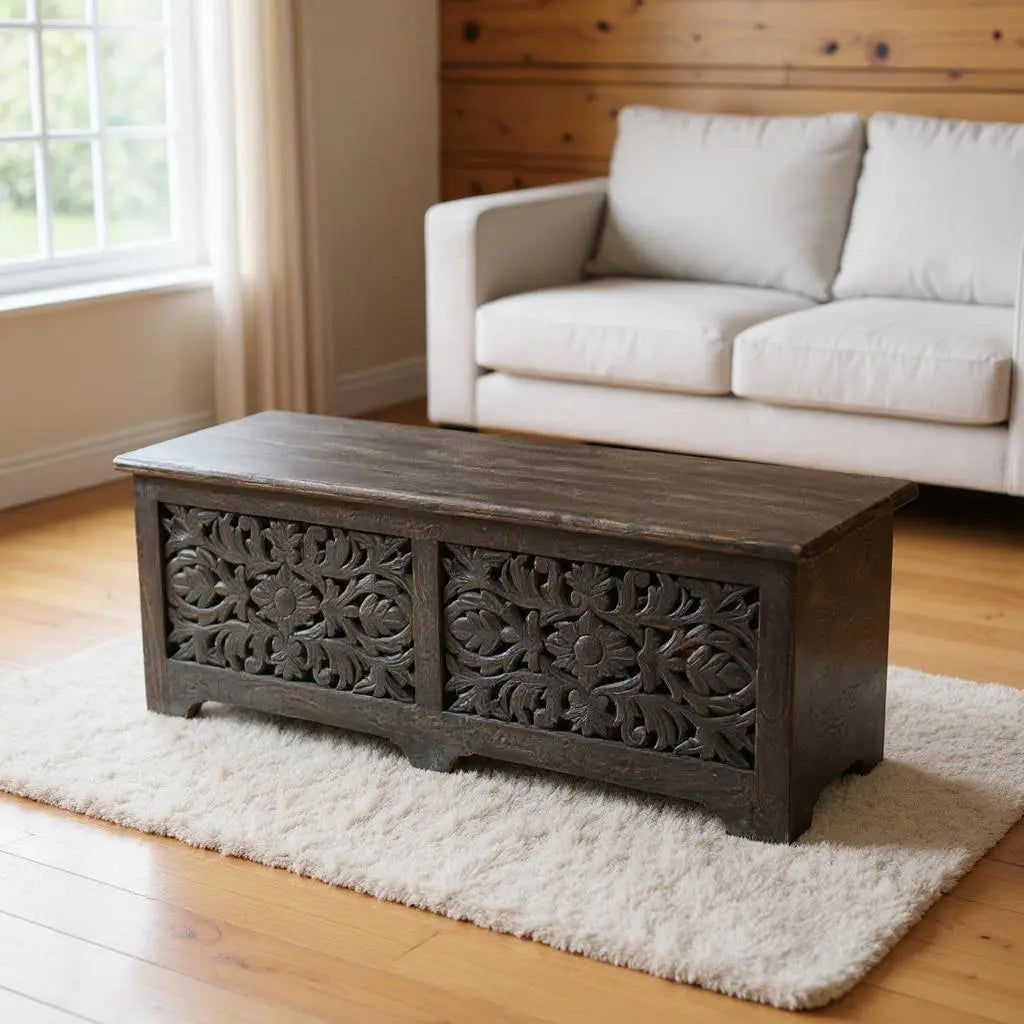 52" Black Distressed Solid Wood Carved Floral Storage Ottoman Homeroots Living Room