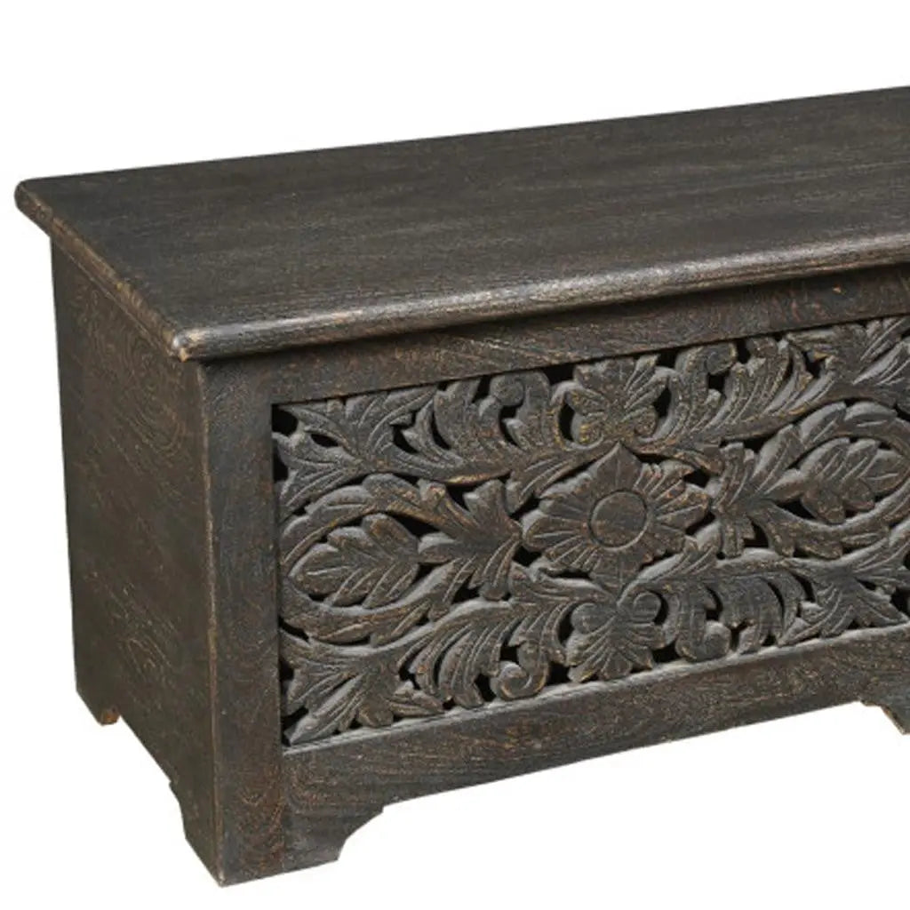 52" Black Distressed Solid Wood Carved Floral Storage Ottoman Homeroots Living Room