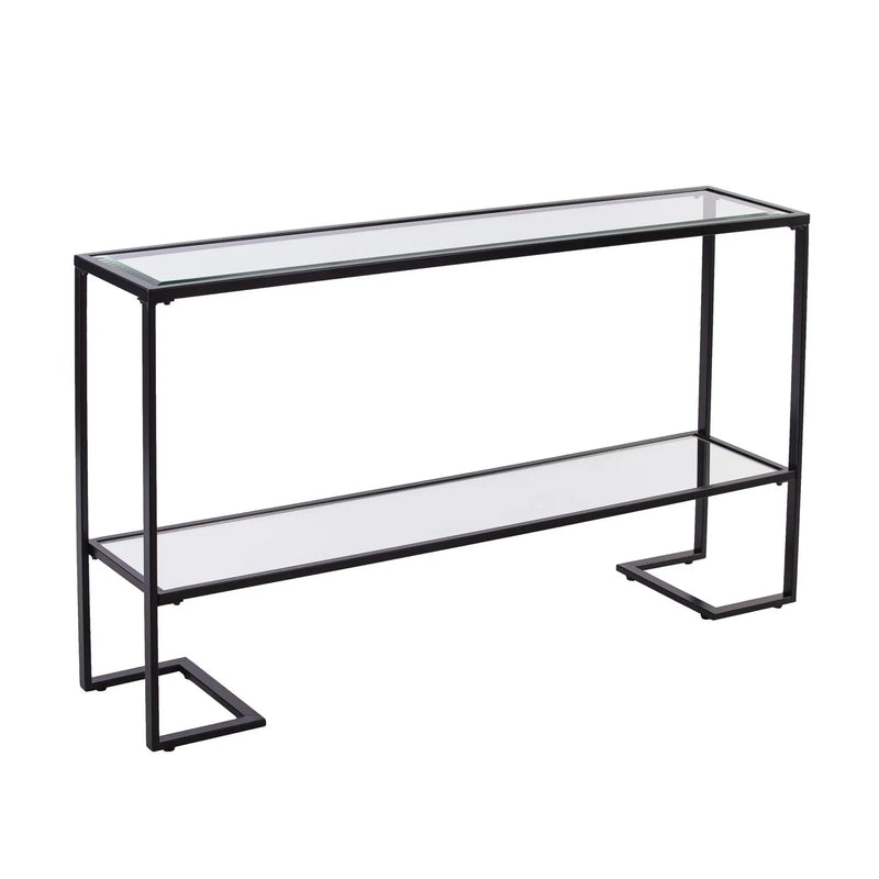 52" Clear and Black Glass Mirrored Sled Console Table With Shelves Homeroots Living Room