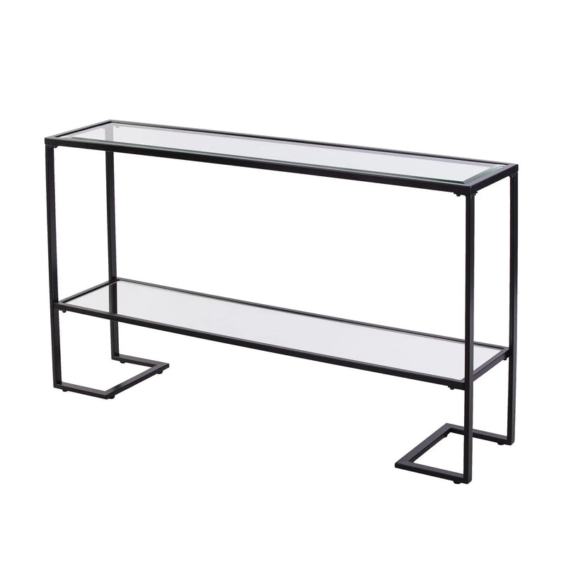 52" Clear and Black Glass Mirrored Sled Console Table With Shelves Homeroots Living Room