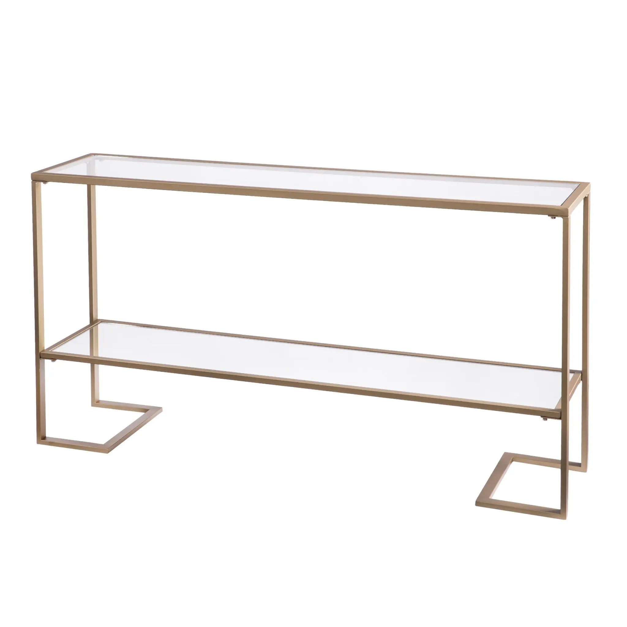52" Clear and Gold Glass Mirrored Sled Console Table With Shelves Homeroots Living Room