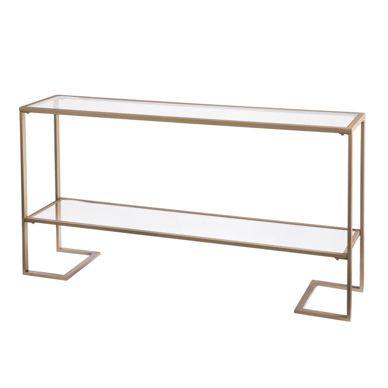 52" Clear and Gold Glass Mirrored Sled Console Table With Shelves Homeroots Living Room