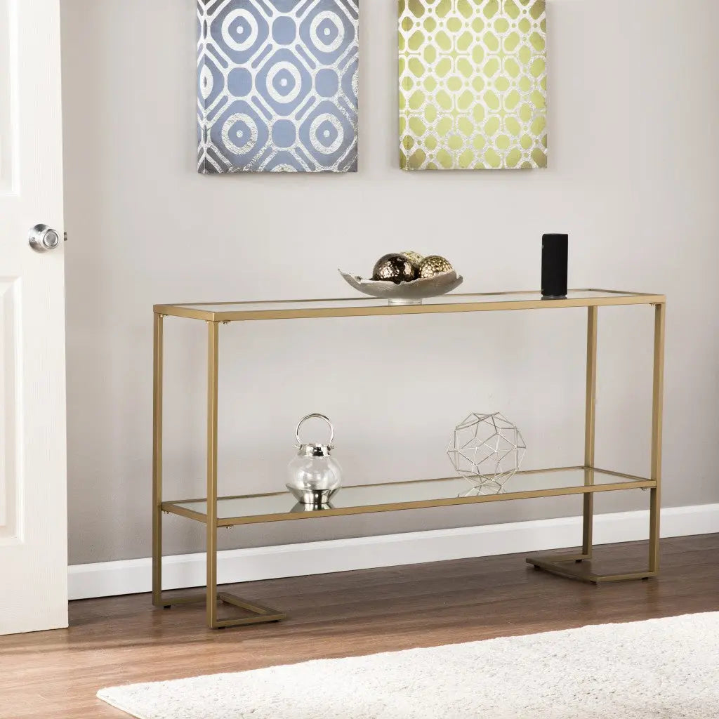 52" Clear and Gold Glass Mirrored Sled Console Table With Shelves Homeroots Living Room