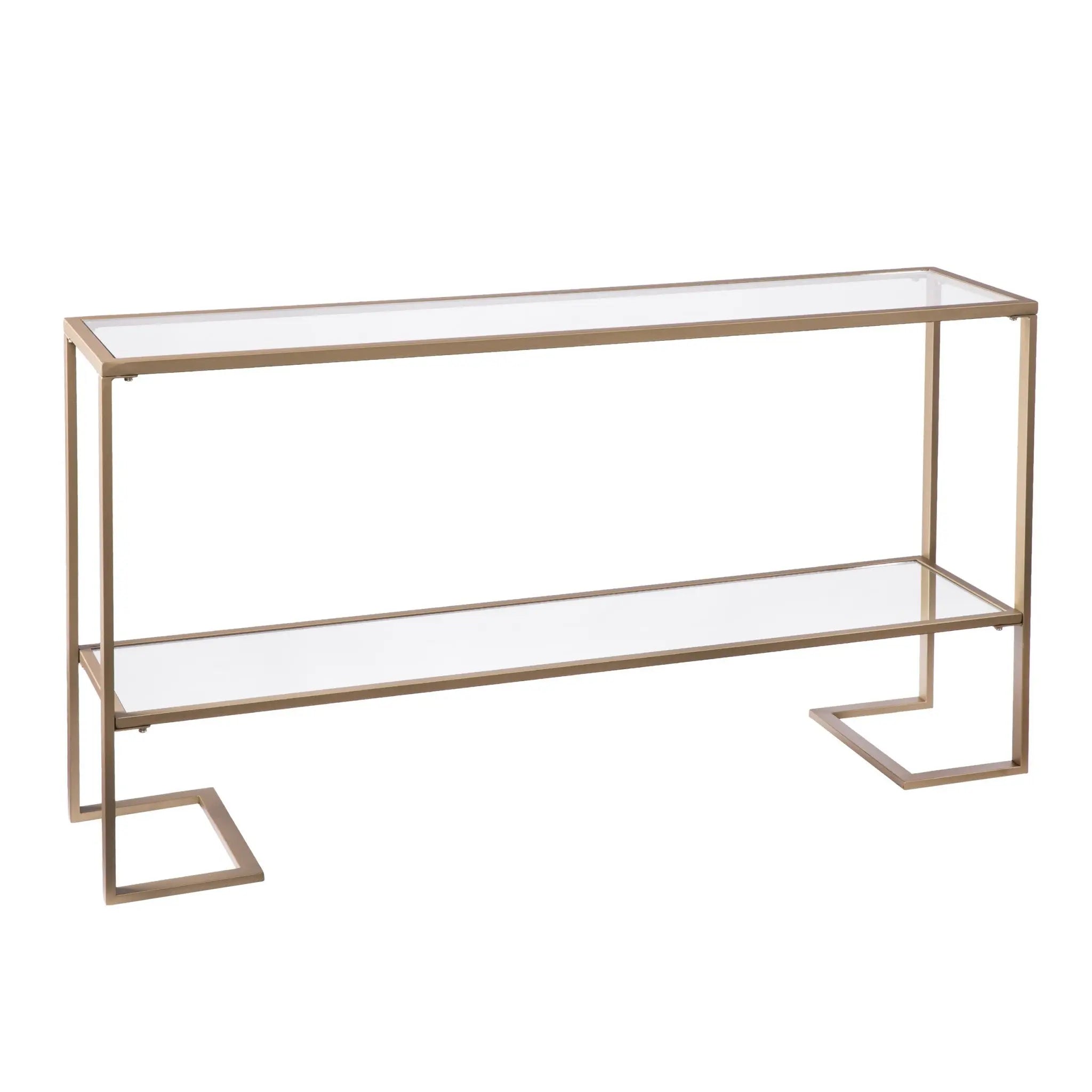 52" Clear and Gold Glass Mirrored Sled Console Table With Shelves Homeroots Living Room