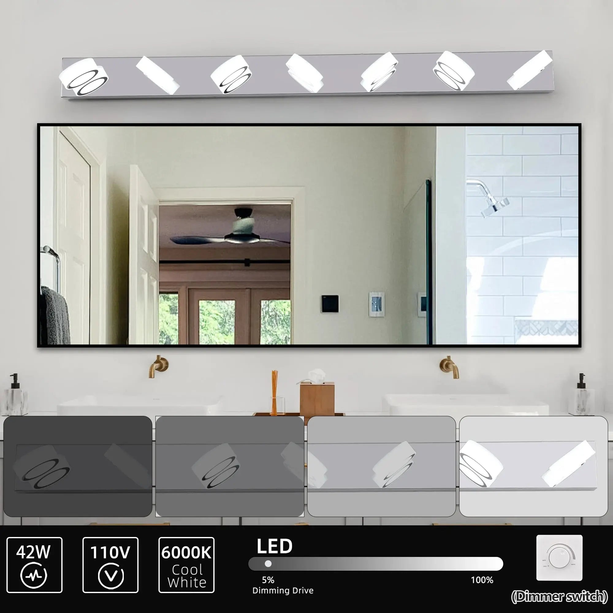 52" Modern 7 Light LED Vanity Light Fixture,Chrome Finish with Acrylic Light Shades,Energy-Efficient Bathroom Wall Sconce GreatEagleInc