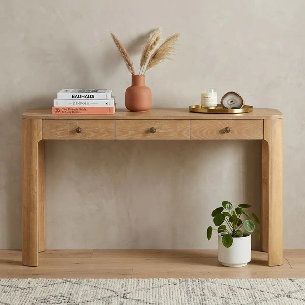 52" Natural Wood Console Table With Three Drawers Homeroots Living Room